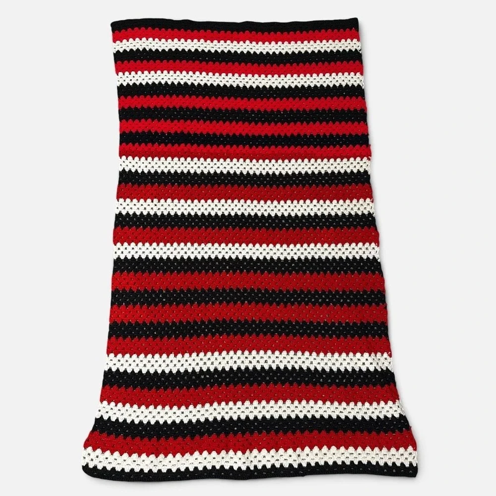 Handmade Crochet Throw Afghan Blanket Red Black White Striped Granny Stitch Boho